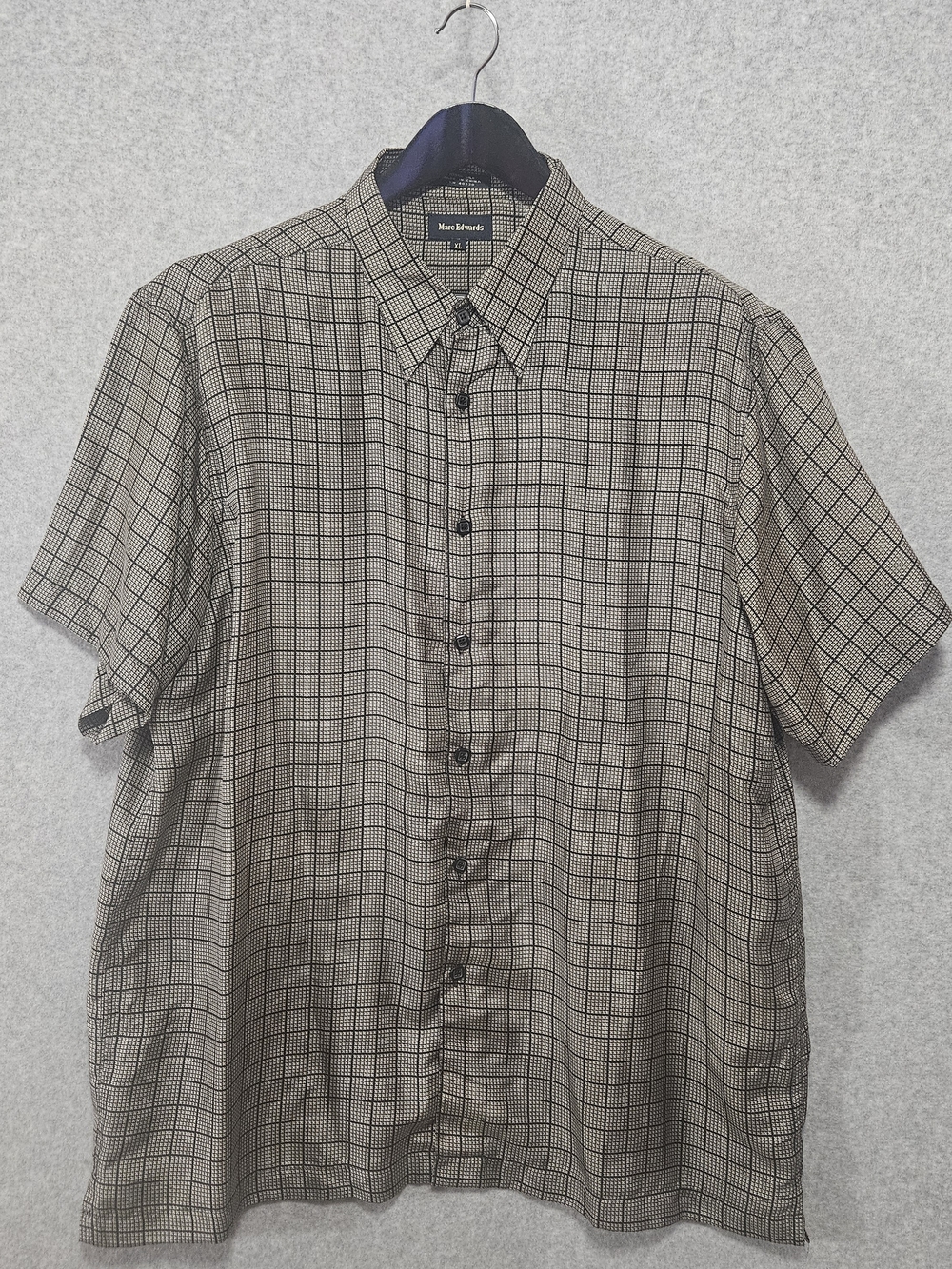 Marc Edwards 100% Silk Beige Plaid Short-Sleeve Button-Up Shirt